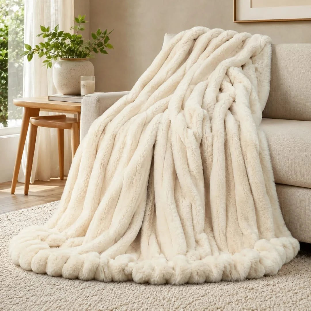 Cream-colored blanket draped over a sofa in a cozy living room.
