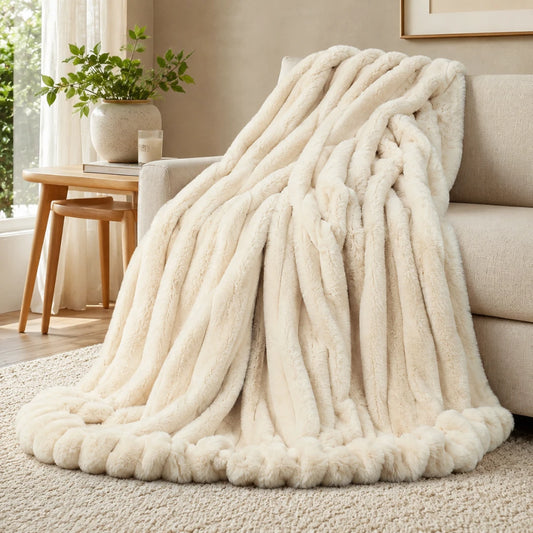 Cream-colored blanket draped over a sofa in a cozy living room.