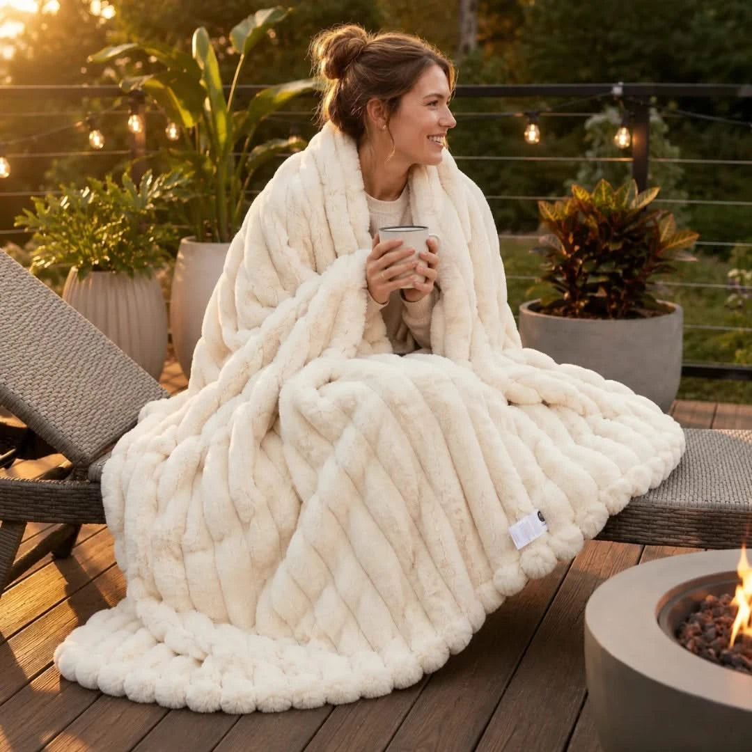 Woman wrapped in a white blanket sitting on a deck with plants and a fire pit in the background