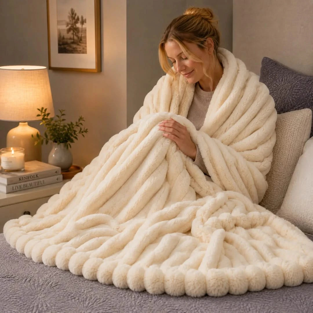Woman wrapped in a fluffy white blanket in a cozy room.