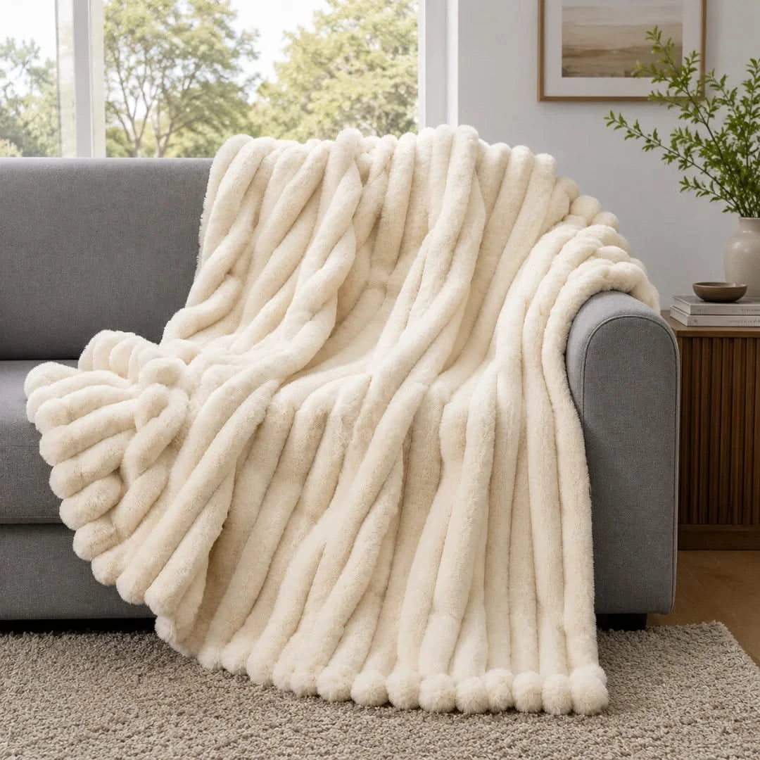 White fluffy blanket draped over a gray sofa in a living room.