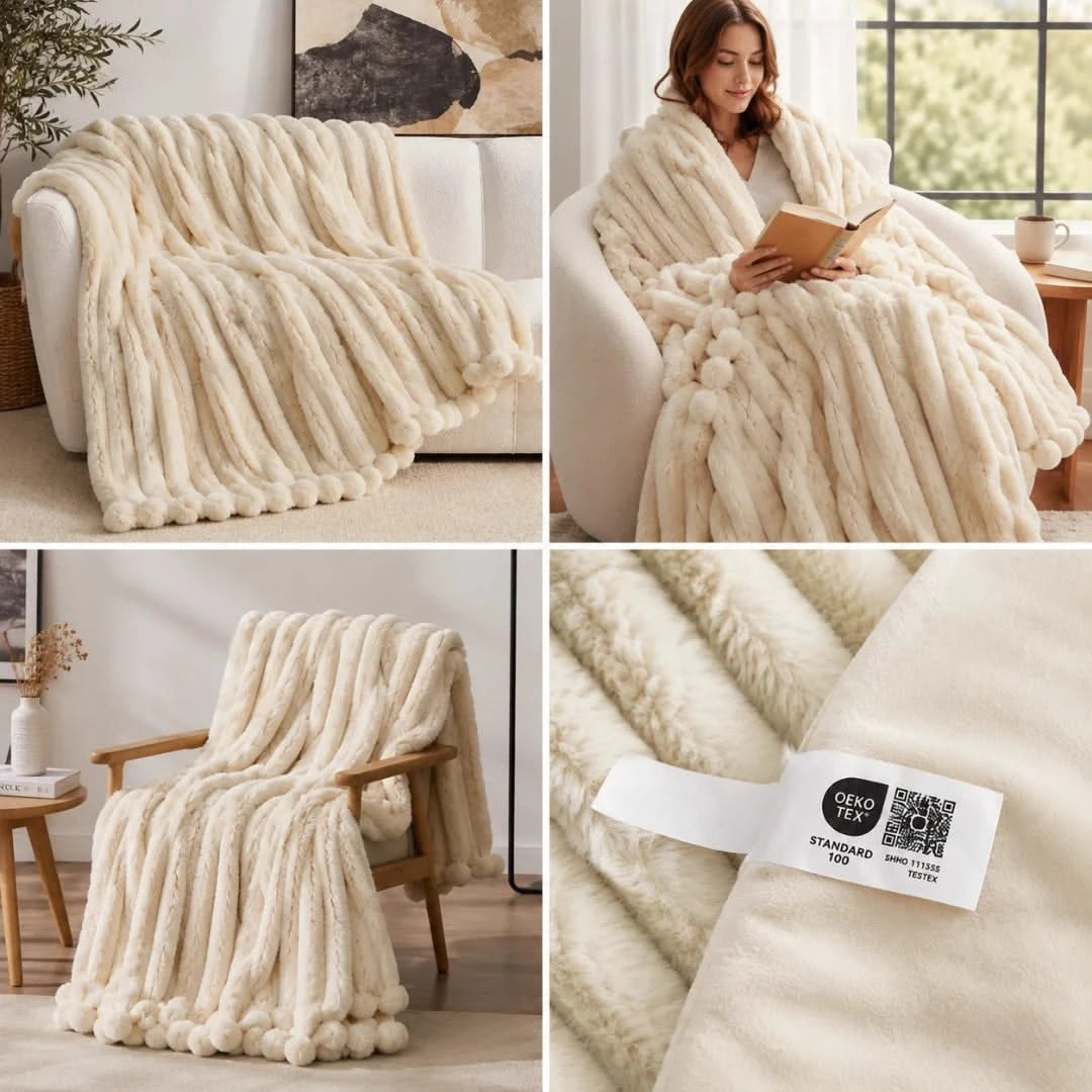 Collage of a cream-colored blanket in various settings with a visible brand label.