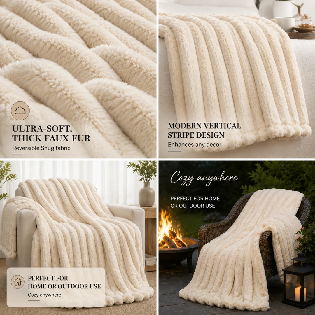 Collage of cream-colored faux fur blanket with text highlighting features and uses.