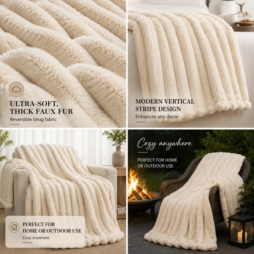 Collage of cream-colored faux fur blanket with text highlighting features and uses.