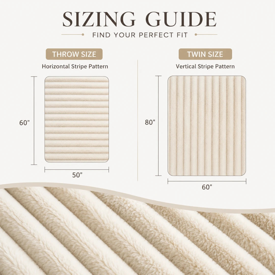 Sizing guide for throw and twin size blankets with measurements and pattern illustrations.