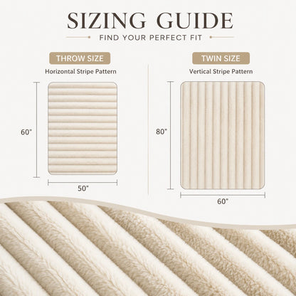 Sizing guide for throw and twin size blankets with measurements and pattern illustrations.