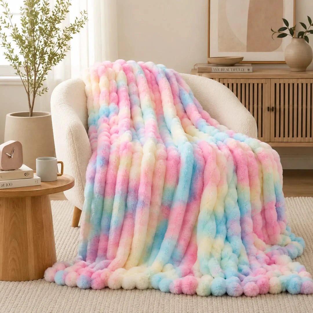 Pastel tie-dye blanket draped over a chair in a cozy living room.