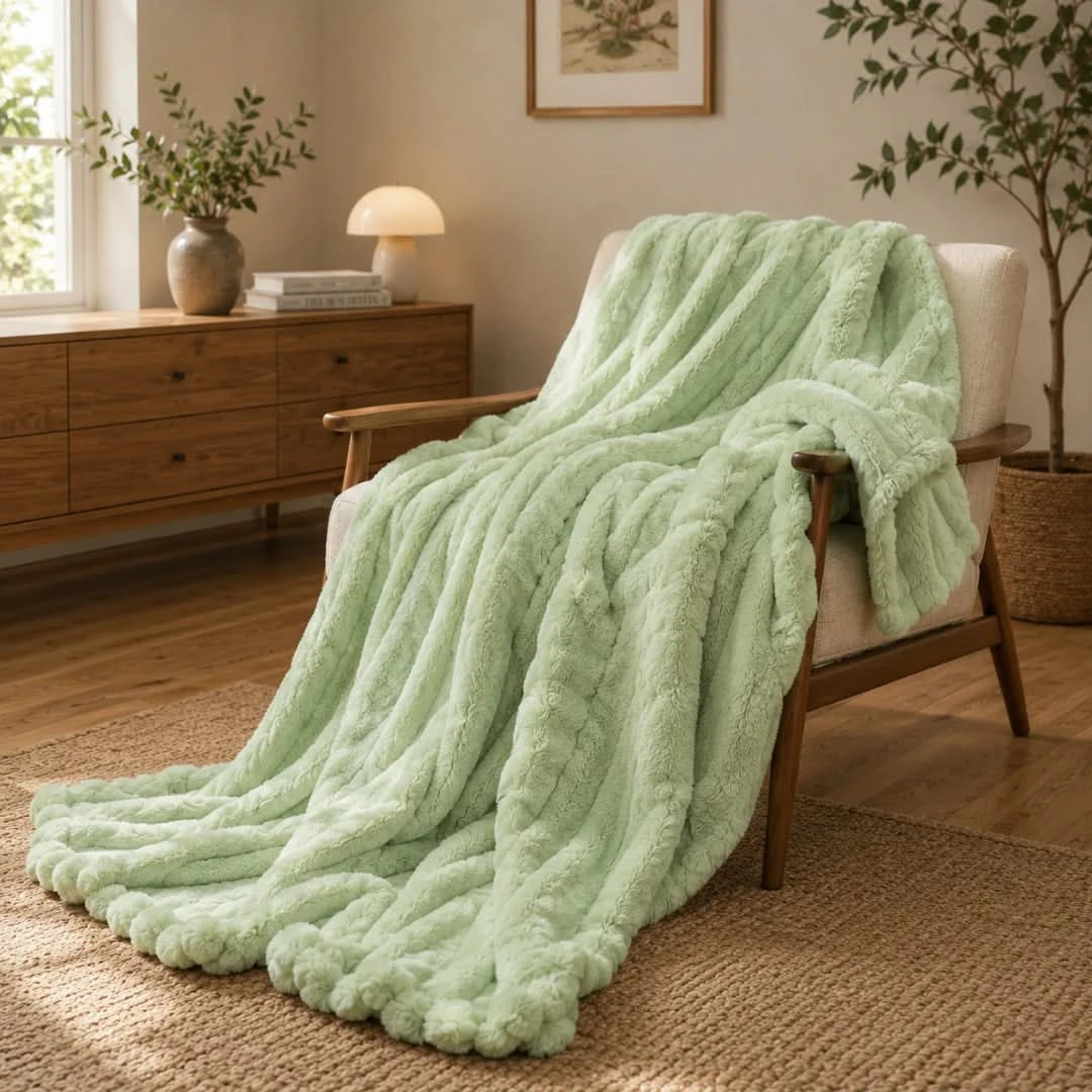 Light green blanket draped over a chair in a cozy living room.