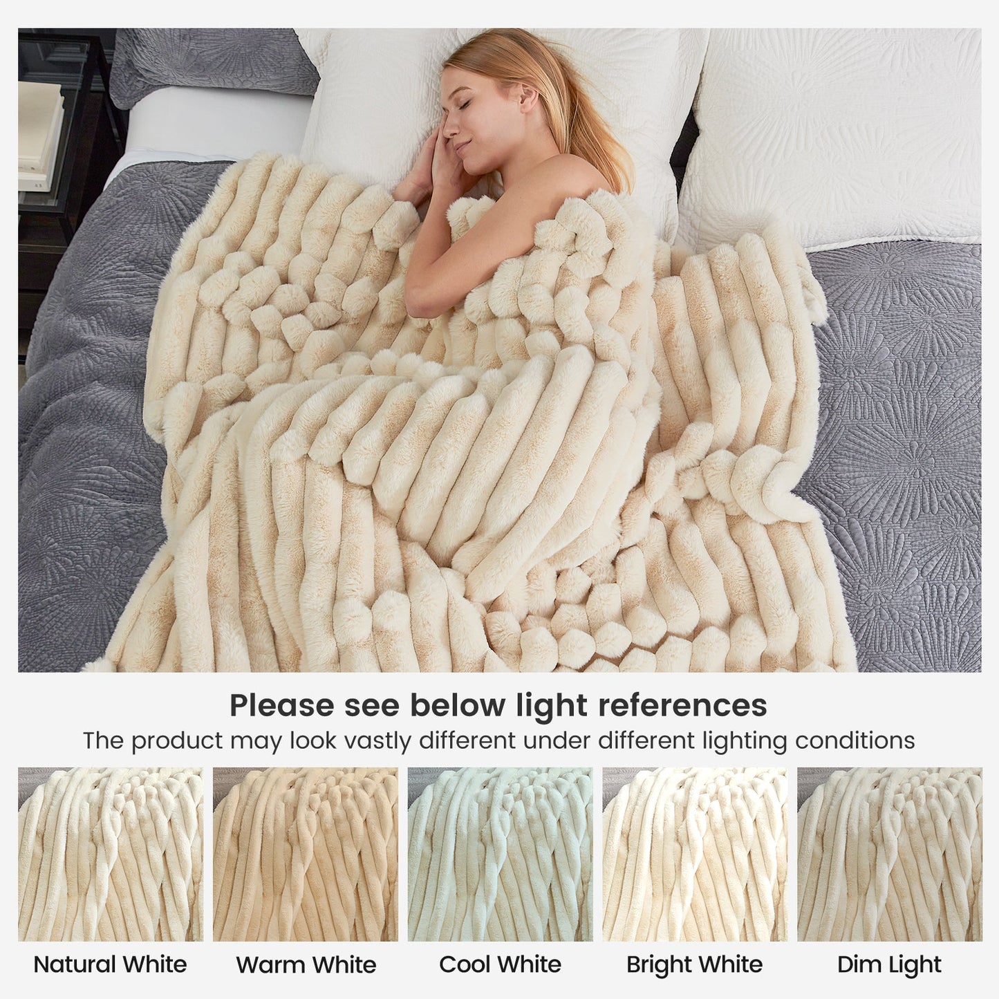Woman sleeping under a beige blanket on a bed with light references displayed below.