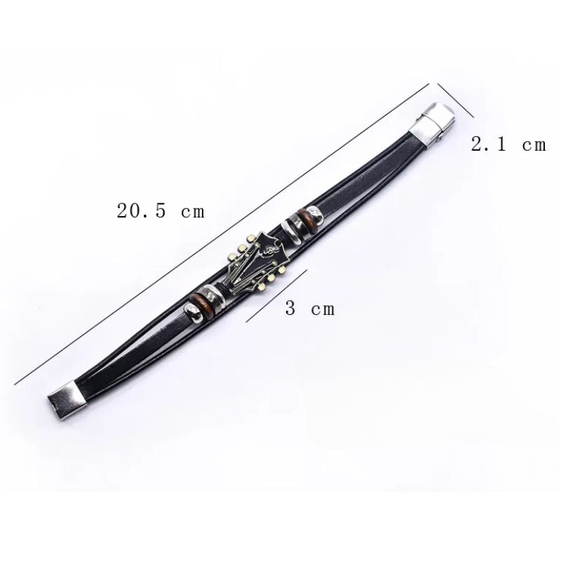 Black leather bracelet with measurements on a white background