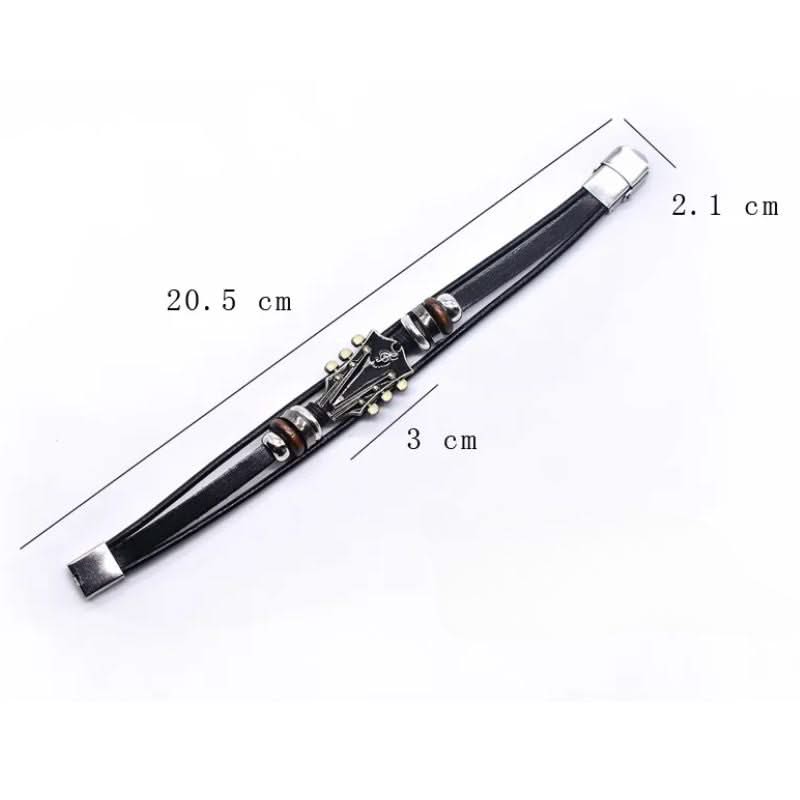 Black leather bracelet with measurements on a white background