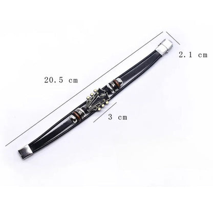 Black leather bracelet with measurements on a white background