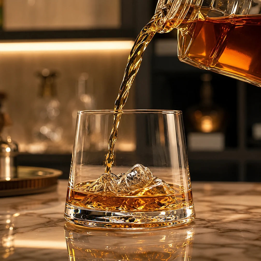 Josh & Tate - SummitRock™ Crystal Whiskey Glass - A clear whiskey glass with ice, filled with amber liquor, while more of the same liquid is poured from a faceted glass decanter in a warm, dark bar setting.