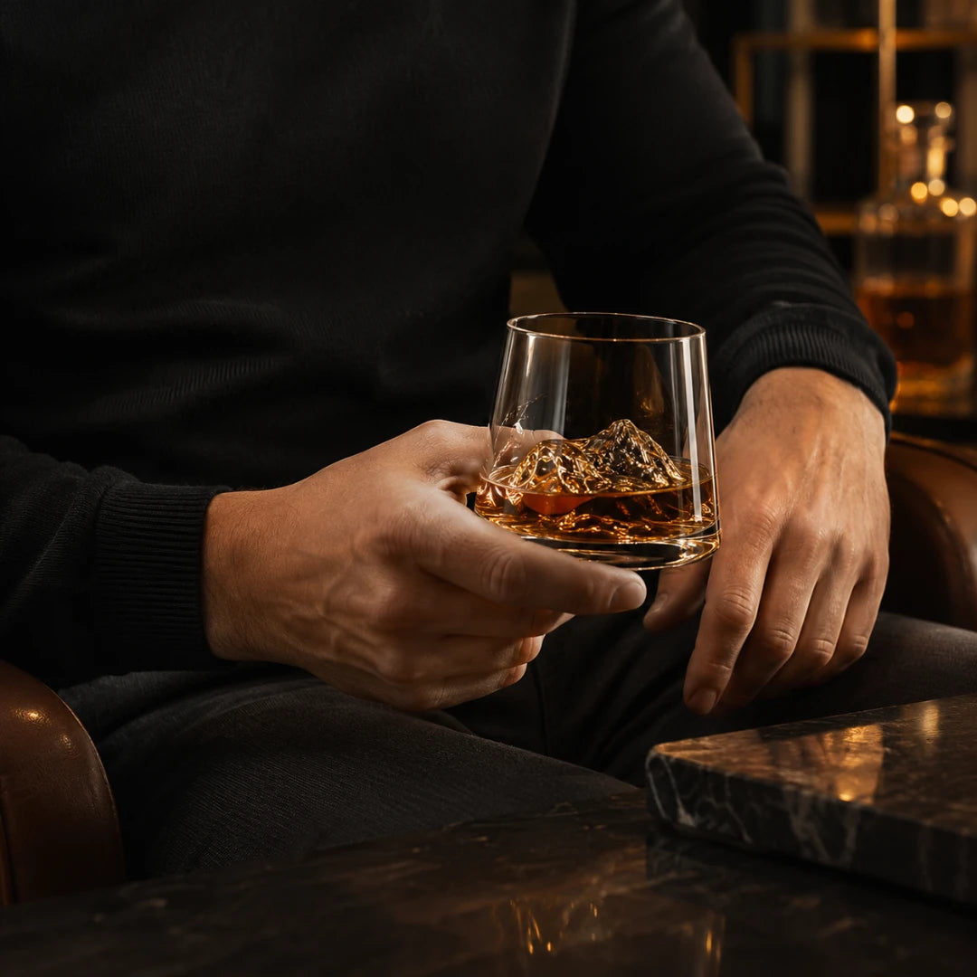 Josh & Tate - SummitRock™ Crystal Whiskey Glass - A person in a black sweater holds a clear whiskey glass with amber liquid and ice in a dimly lit indoor setting.