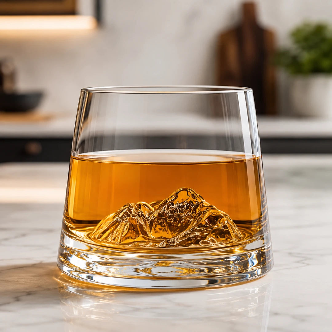 Josh & Tate - SummitRock™ Crystal Whiskey Glass - A clear rocks glass filled with amber whiskey and a sculpted mountain-shaped ice cube, set on a light marble countertop with a softly blurred kitchen background.