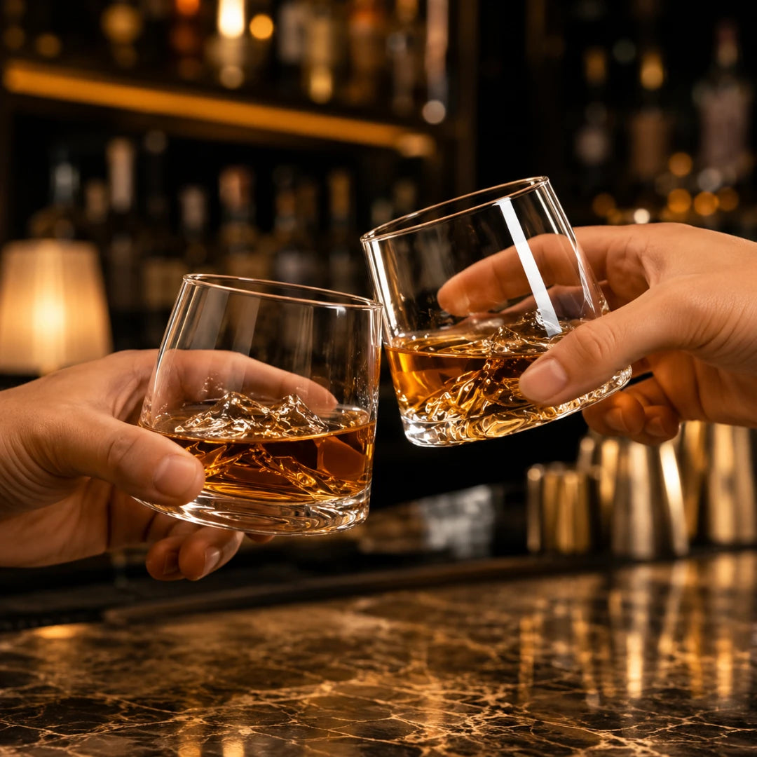 Josh & Tate - SummitRock™ Crystal Whiskey Glass - Two hands holding clear whiskey glasses with amber liquor and ice, clinking together at a bar with blurred bottles and warm lighting in the background.