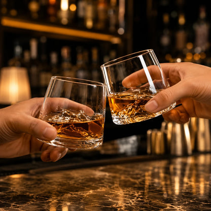 Josh & Tate - SummitRock™ Crystal Whiskey Glass - Two hands holding clear whiskey glasses with amber liquor and ice, clinking together at a bar with blurred bottles and warm lighting in the background.