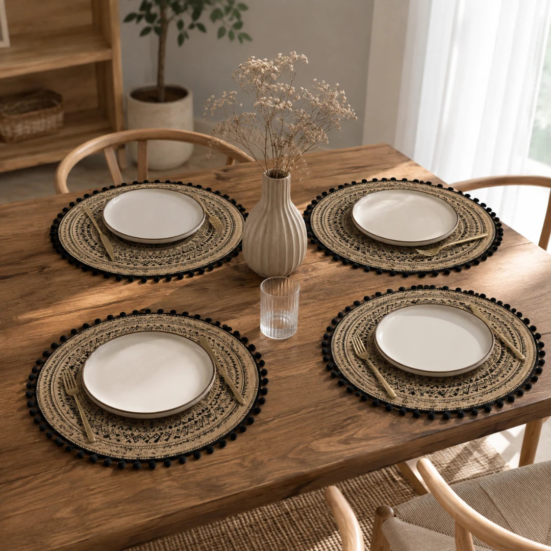 Josh & Tate -  SunWeave™ Boho Mandala Placemat - Four round woven placemats with black pom-pom trim are arranged around a wooden dining table, each holding a white plate and a gold-toned fork. A small ribbed vase with dried stems and a clear drinking glass sit in the center.