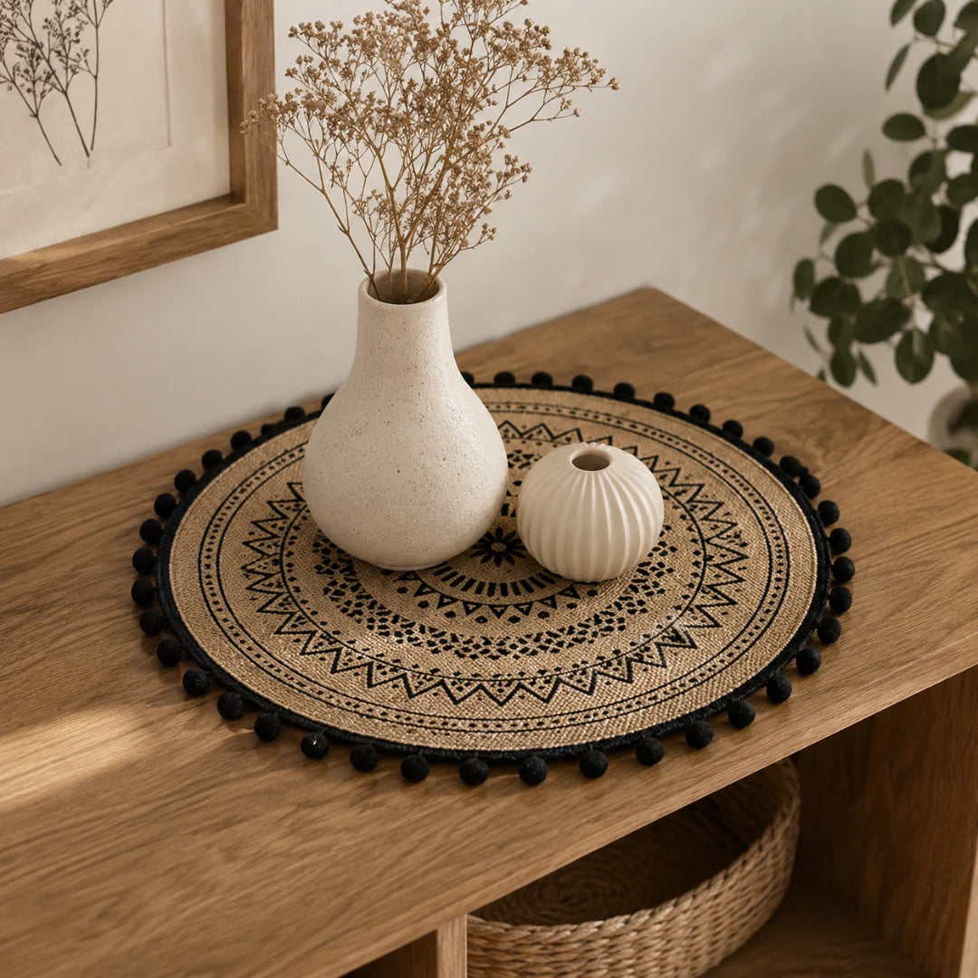 Josh & Tate - SunWeave™ Boho Mandala Placemat - A round woven placemat with black pom-pom trim and a black geometric medallion pattern, styled on a wooden table with a white ceramic vase and dried flowers.
