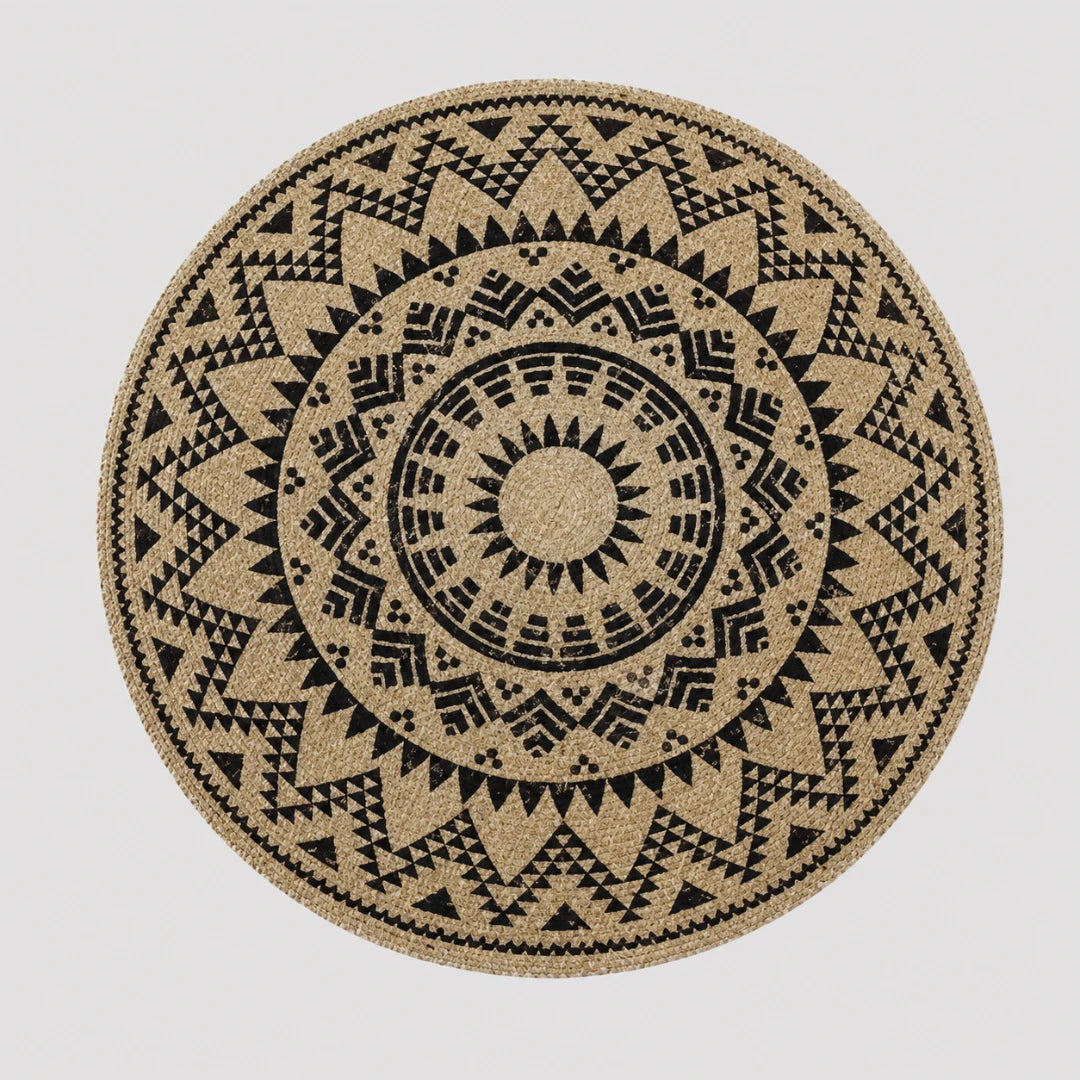 Josh & Tate - SunWeave™ Boho Mandala Placemat - A round natural fiber rug with a black geometric mandala pattern, shown flat against a light gray background.