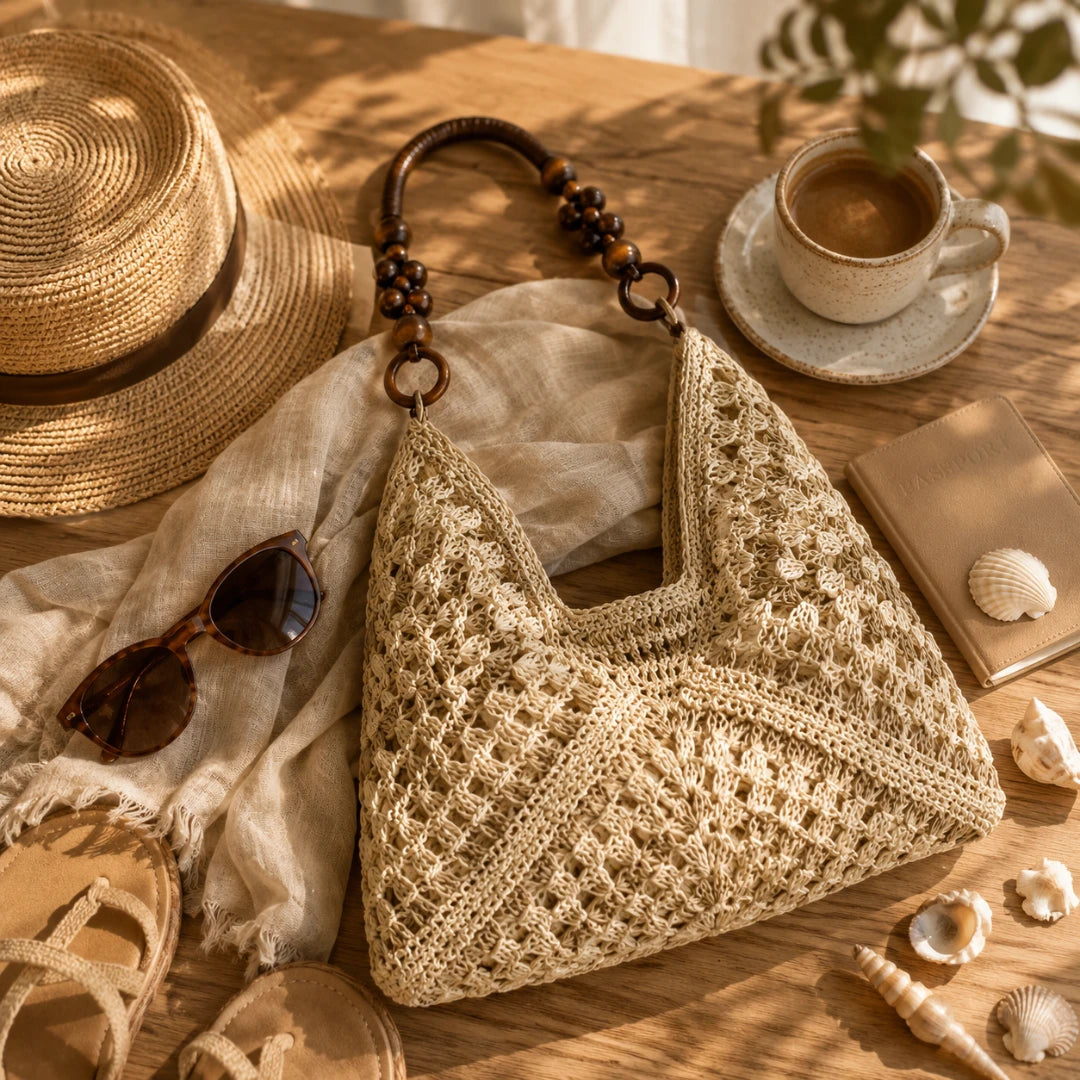 Josh & Tate - SunWeave™ Crochet Hobo Bag - A beige crocheted shoulder bag with a dark wood beaded handle, styled on a wooden table with a straw hat, sunglasses, a cup of coffee, and seashells.