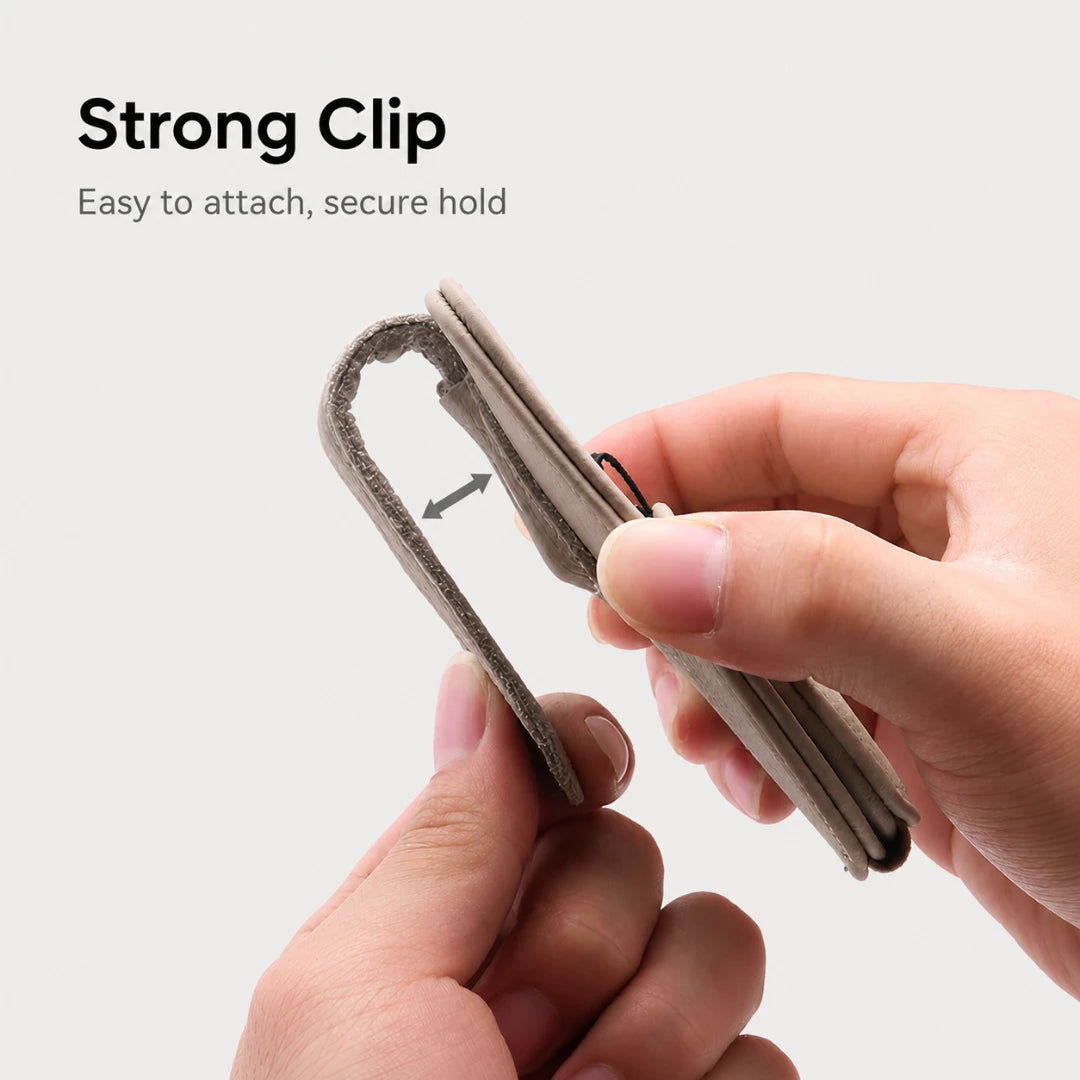 Josh & Tate - SunglassClip™ Car Visor Organizer - Close-up of a person's hands demonstrating a beige card holder clip with a strong, secure hold, accompanied by the text 'Strong Clip' and 'Easy to attach, secure hold' on a light gray background.