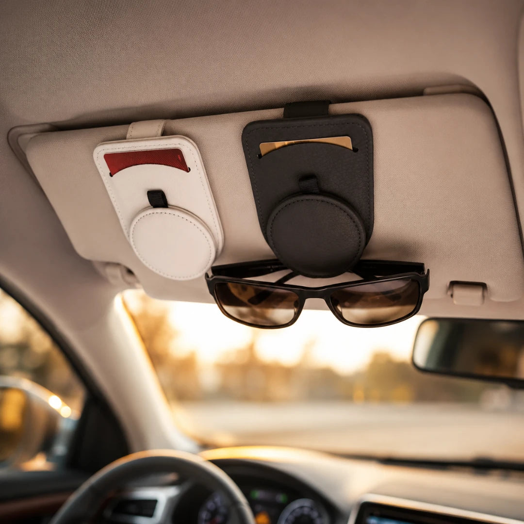 Josh & Tate - SunglassClip™ Car Visor Organizer - A pair of black sunglasses hanging from a beige car sun visor, with two visor-mounted accessory holders attached above it, one white and one black, inside a car.