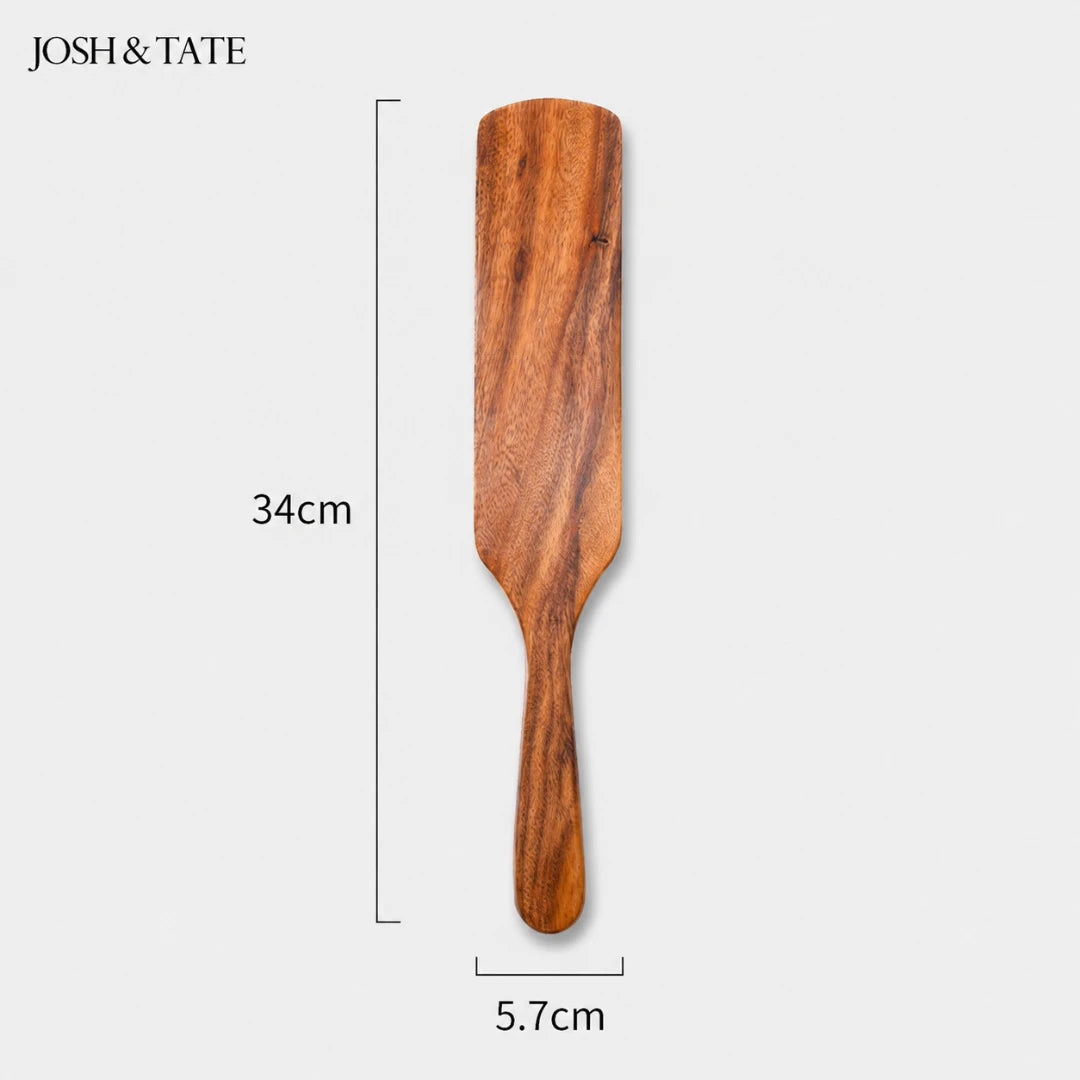 Josh & Tate - TeakFlip™ Solid Wood Cooking Spatula - Wooden paddle with measurements on a white background, featuring the brand 'Josh & Tate'.
