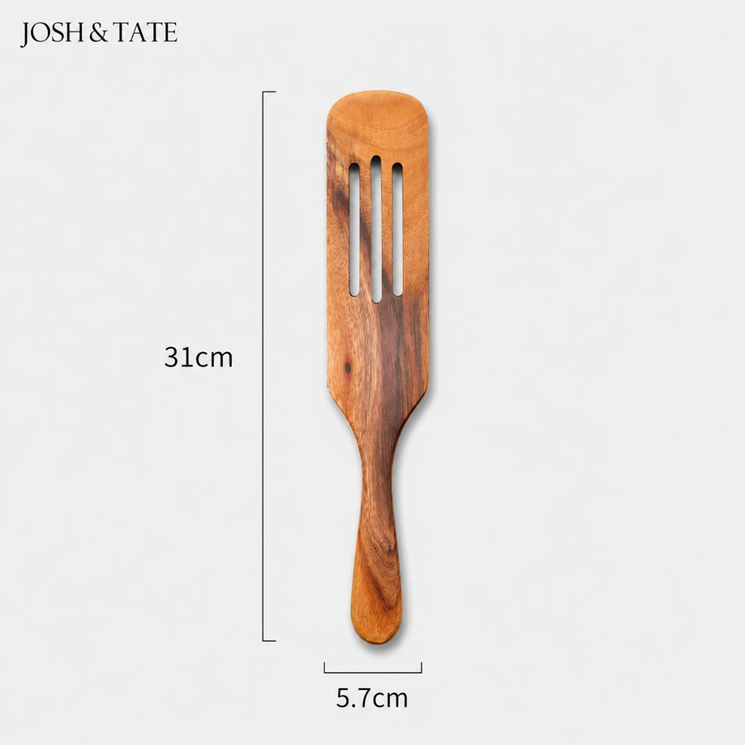 Josh & Tate - TeakFlip™ Solid Wood Cooking Spatula - Wooden spatula with measurement details on a white background