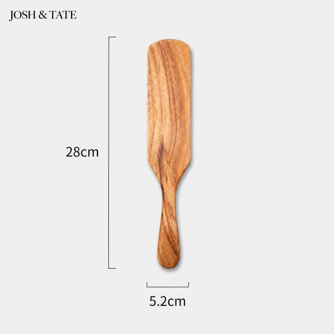 Josh & Tate - TeakFlip™ Solid Wood Cooking Spatula - Wooden spatula with dimensions on a light gray background