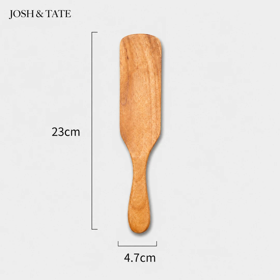 Josh & Tate - TeakFlip™ Solid Wood Cooking Spatula - Wooden paddle with measurements on a light gray background, featuring the brand 'Josh & Tate'.