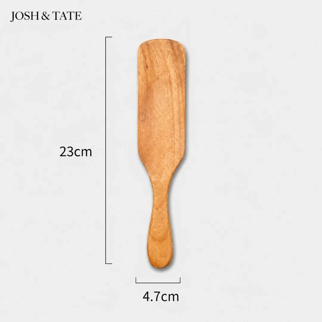Josh & Tate - TeakFlip™ Solid Wood Cooking Spatula - Wooden paddle with measurements on a light gray background, featuring the brand 'Josh & Tate'.