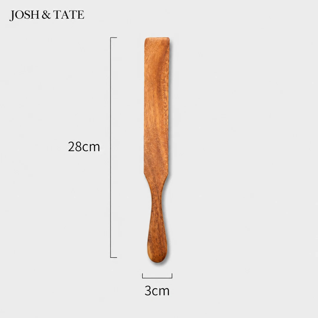 Josh & Tate - TeakFlip™ Solid Wood Cooking Spatula - Wooden spatula with dimensions on a white background, featuring the brand 'Josh & Tate'.
