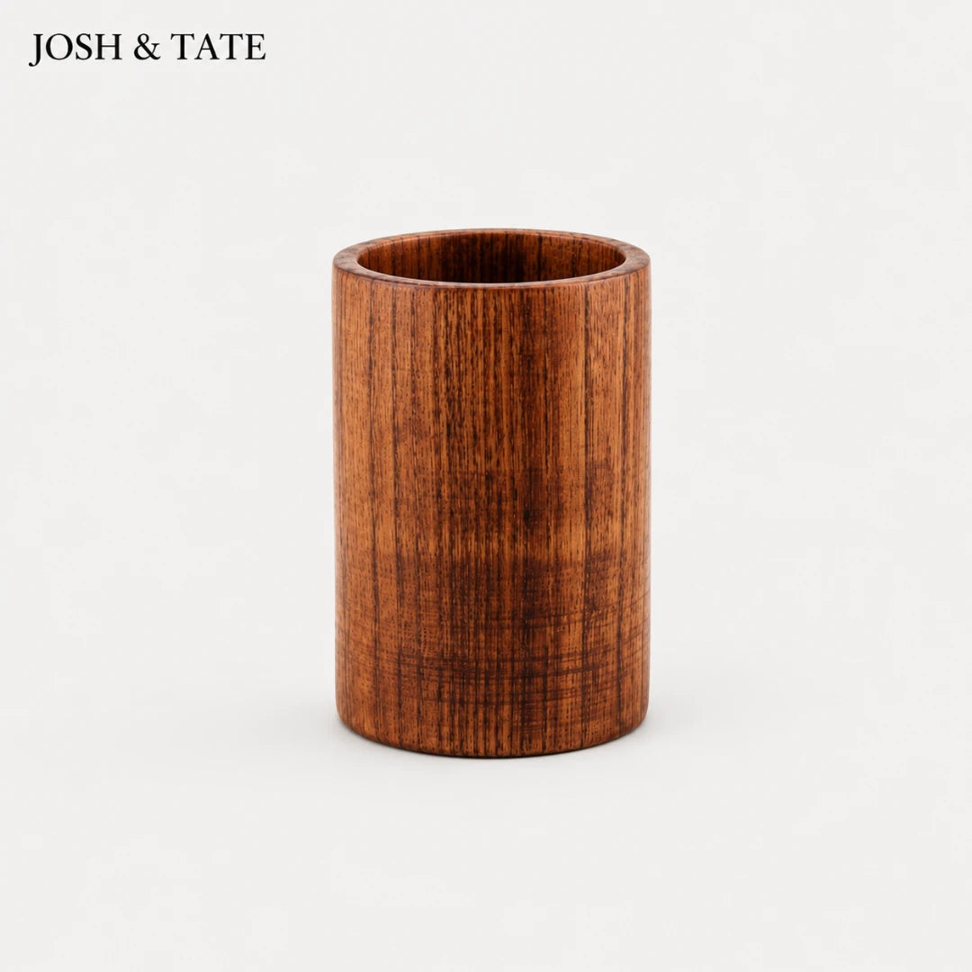 Josh & Tate - TeakFlip™ Solid Wood Cooking Spatula - Wooden cylindrical container on a white background with 'JOSH & TATE' branding.