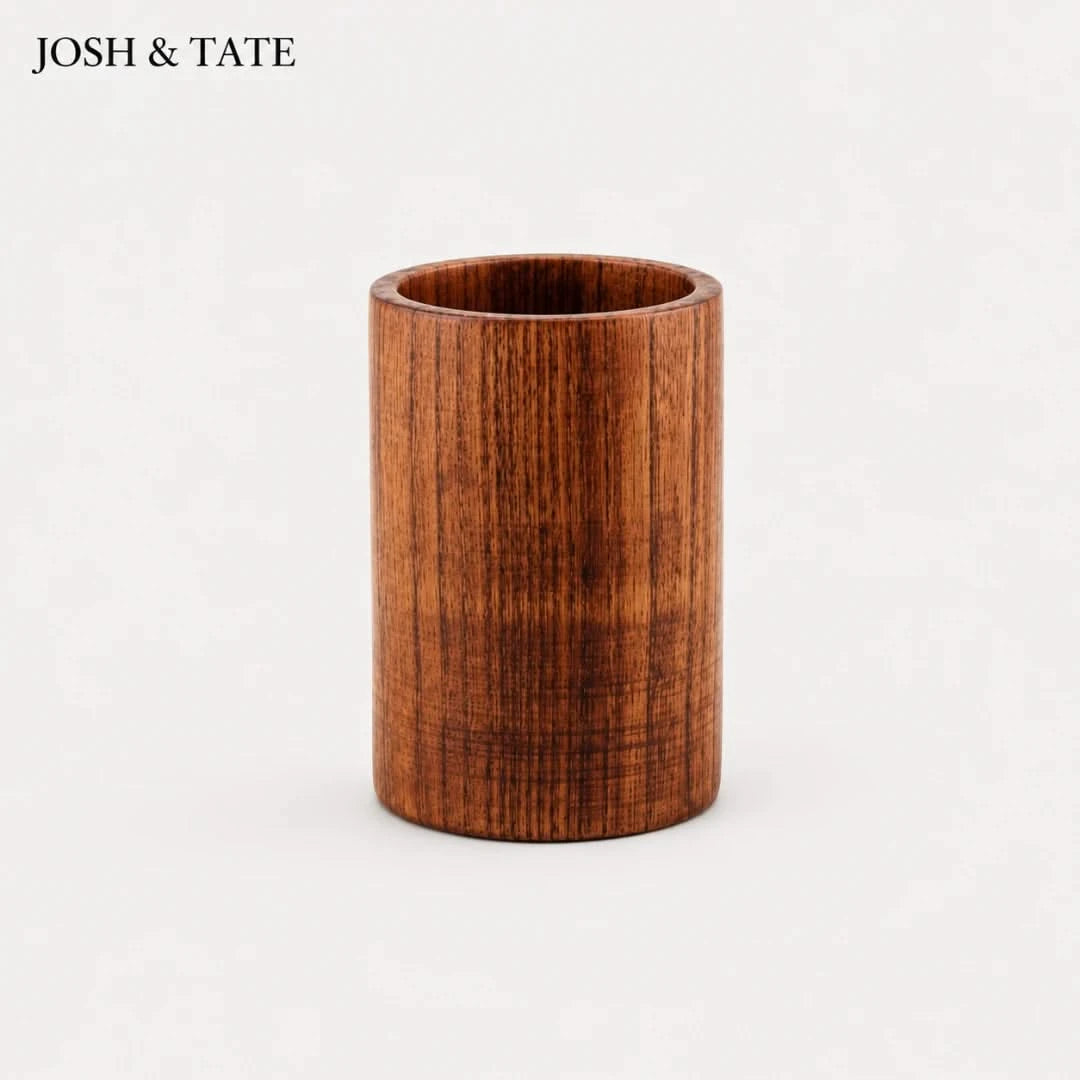 Josh & Tate - TeakFlip™ Solid Wood Cooking Spatula - Wooden cylindrical container on a white background with 'JOSH & TATE' branding.