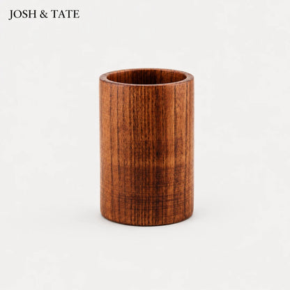 Josh & Tate - TeakFlip™ Solid Wood Cooking Spatula - Wooden cylindrical container on a white background with 'JOSH & TATE' branding.