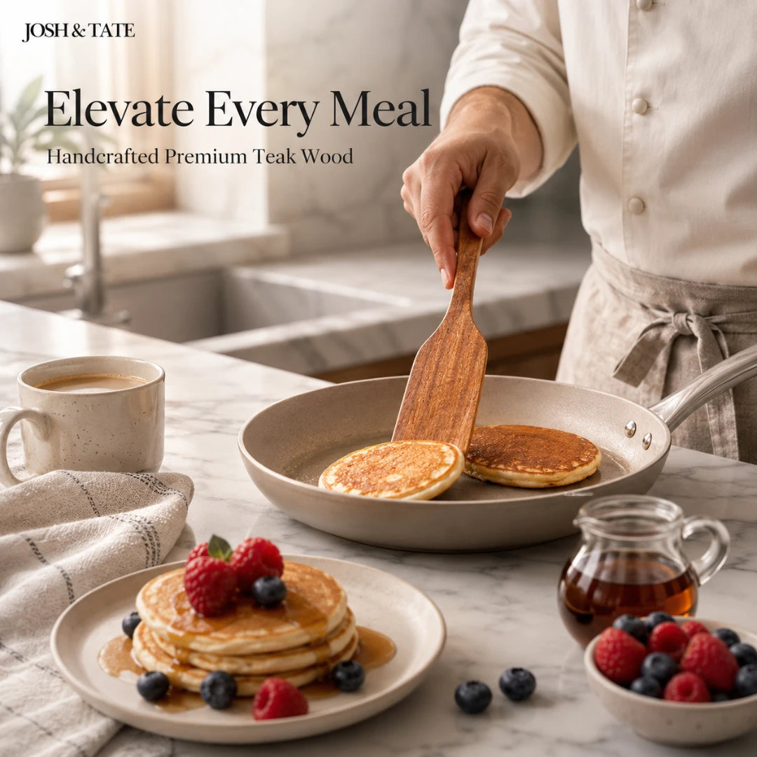 Josh & Tate - TeakFlip™ Solid Wood Cooking Spatula - Person serving pancakes with a wooden spatula on a marble countertop, with 'Josh & Tate' branding.