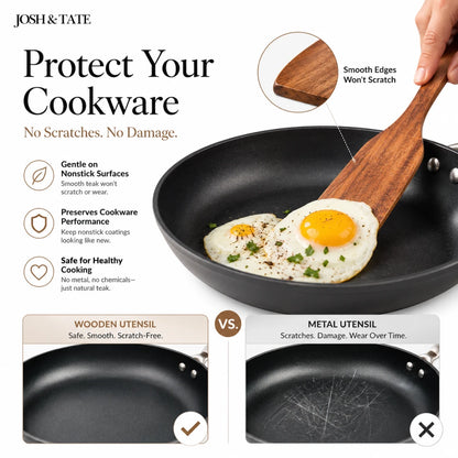 Josh & Tate - TeakFlip™ Solid Wood Cooking Spatula - Advertisement for Josh & Tate cookware showing a wooden spatula and frying pan with eggs, emphasizing the benefits of using wooden utensils.
