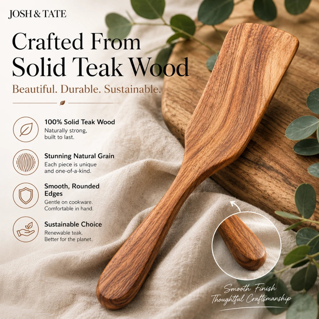 Josh & Tate - TeakFlip™ Solid Wood Cooking Spatula - Wooden spatula and cutting board with teak wood properties highlighted on a neutral background.