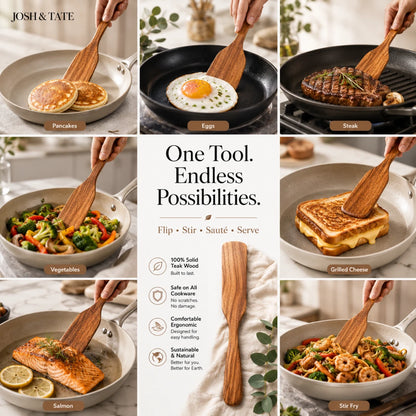 Josh & Tate - TeakFlip™ Solid Wood Cooking Spatula - Collage of a wooden spatula being used in various cooking scenarios with text highlighting features.