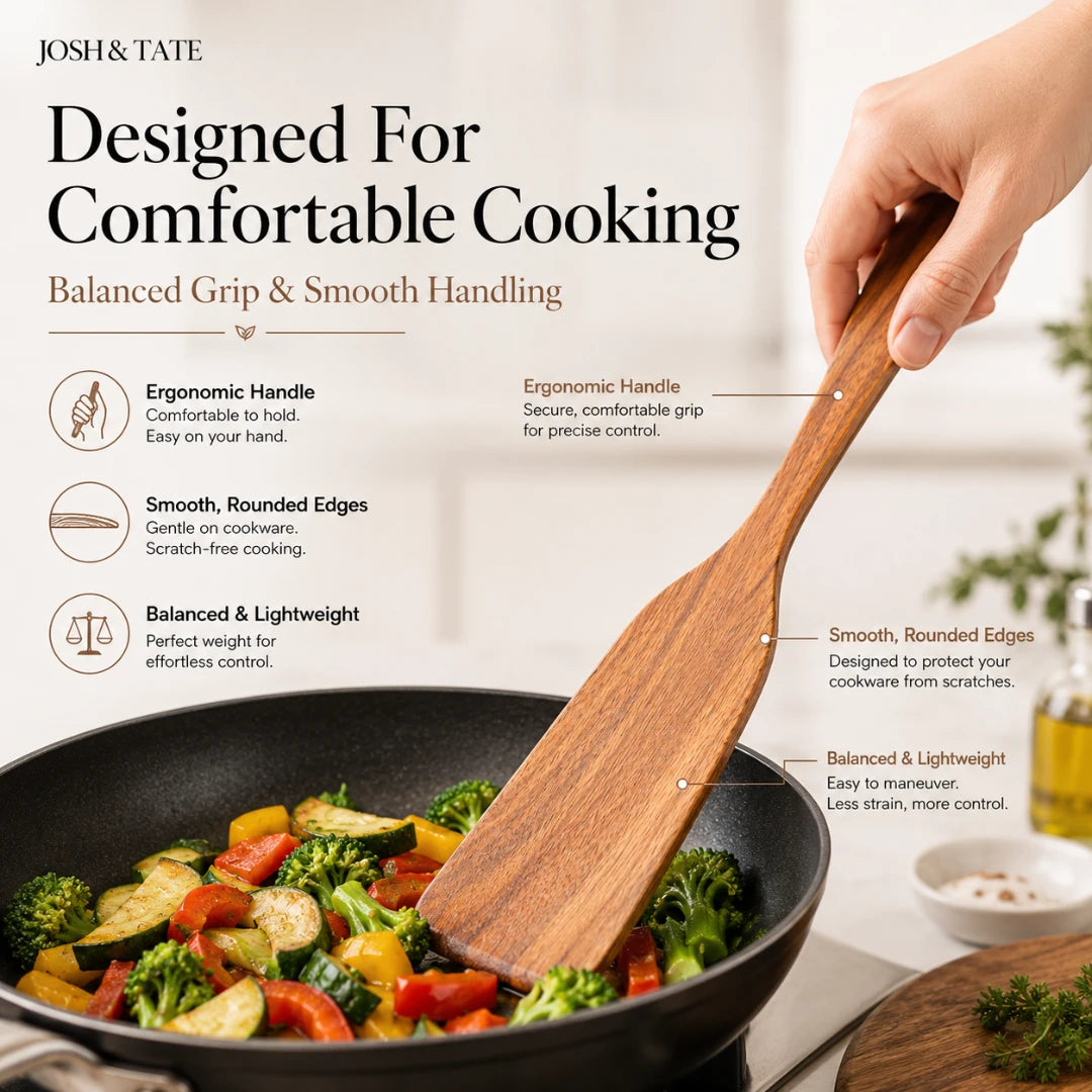 Josh & Tate - TeakFlip™ Solid Wood Cooking Spatula - Wooden spatula being used in a pan with text about cooking comfort and features.