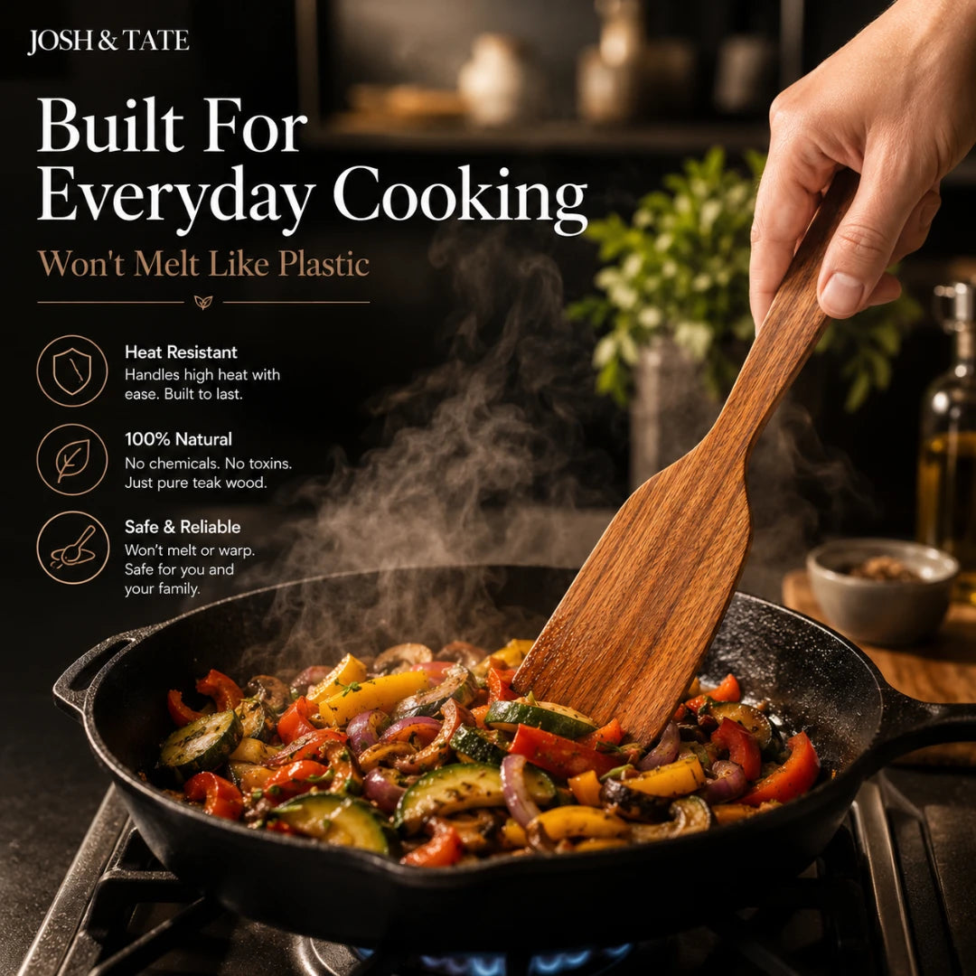 Josh & Tate - TeakFlip™ Solid Wood Cooking Spatula - Person using a wooden spatula in a frying pan with vegetables, with text about product features.