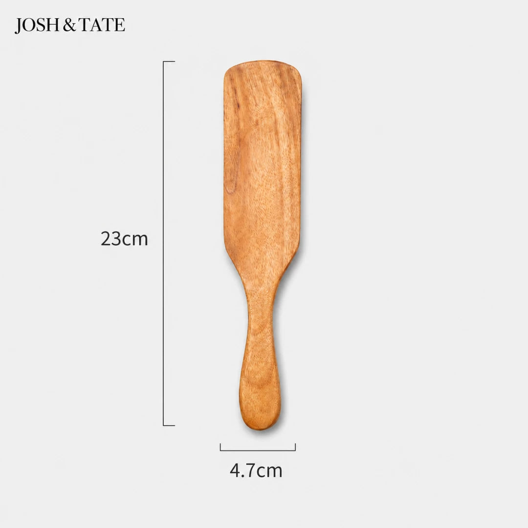 Josh & Tate - TeakFlip™ Solid Wood Cooking Spatula - Wooden paddle with measurements on a white background, featuring the brand 'JOSH & TATE'.