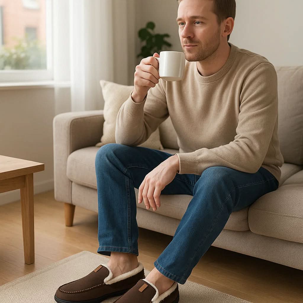 Man sitting on a couch holding a mug in a cozy living room.