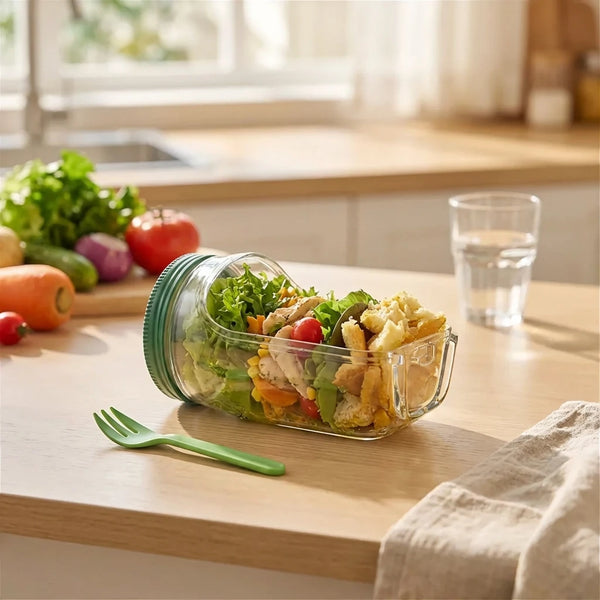 Glass salad container with a salad on a kitchen counter with vegetables and a glass of water in the background.