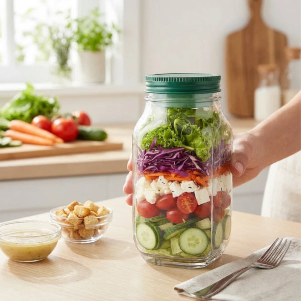 Mason jar salad with a person holding it in a kitchen setting