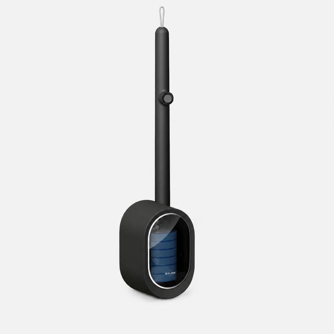 Josh & Tate - The Disposable Toilet Brush | JT - A modern black toilet brush with an integrated digital display showing blue brush bristles, set against Josha plain light gray background.