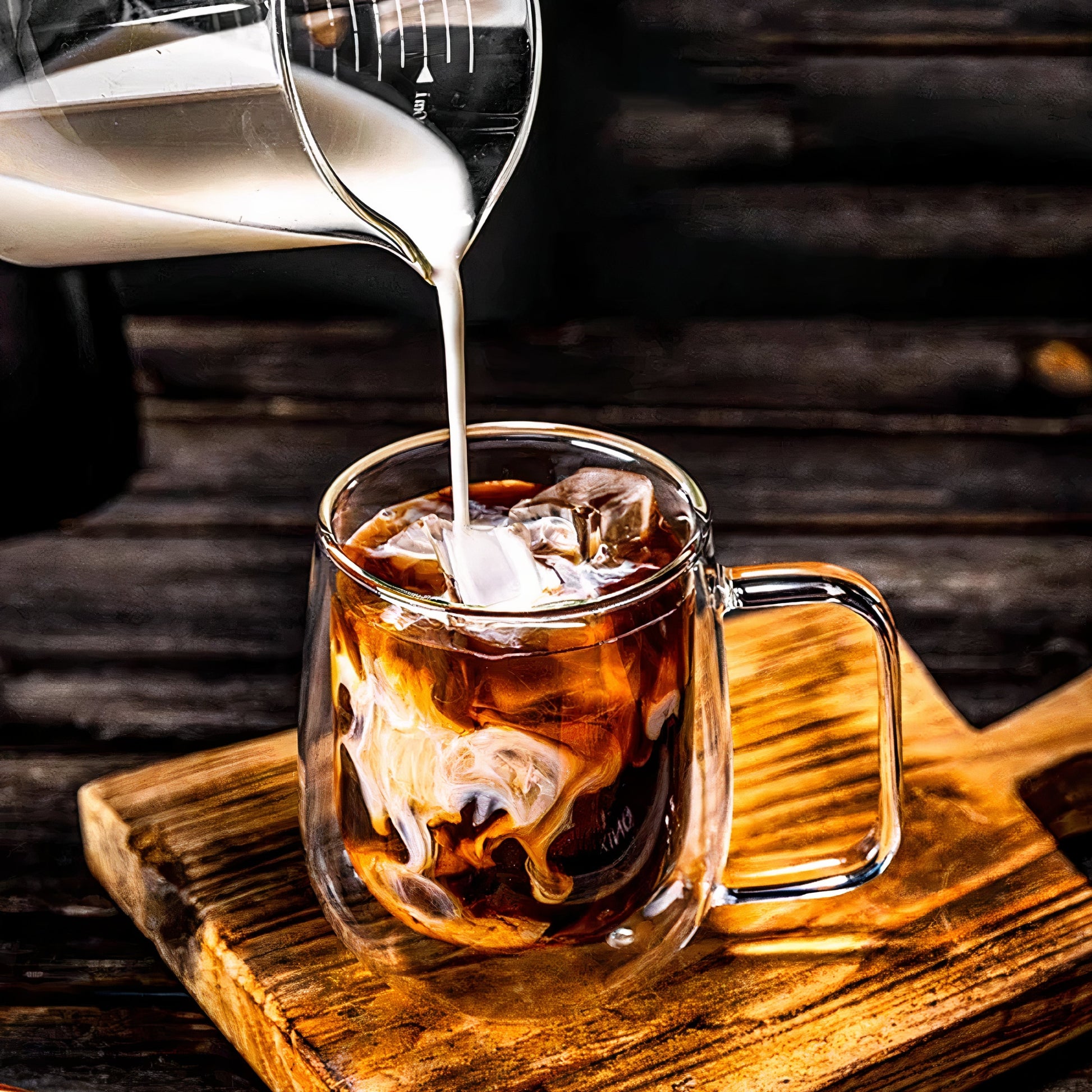 Glass mug with ice being filled with a dark liquid on a wooden surface