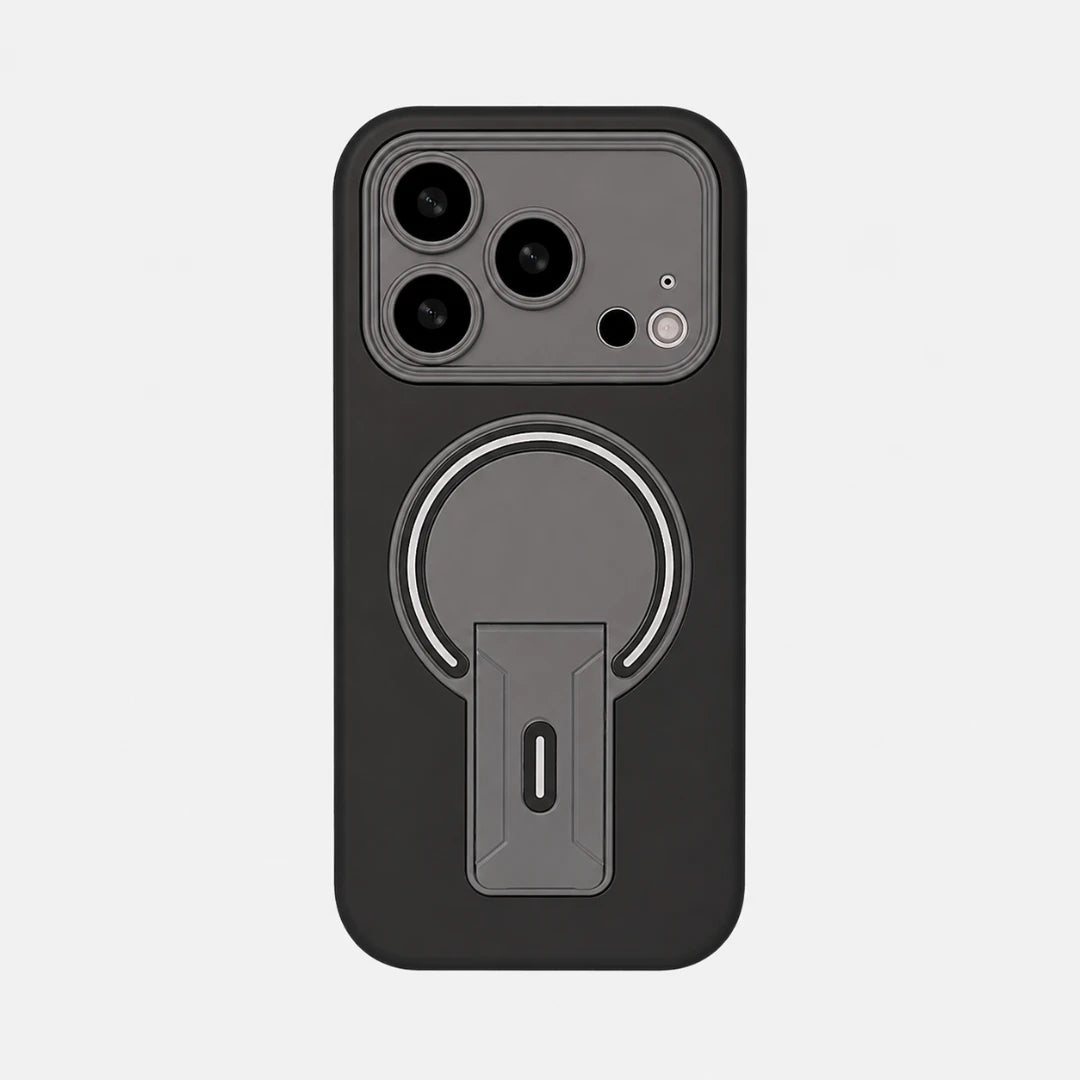 Josh & Tate - TiltPod™ iPhone Case - A dark gray protective phone case with a built-in kickstand and circular MagSafe ring, shown on a light gray background.