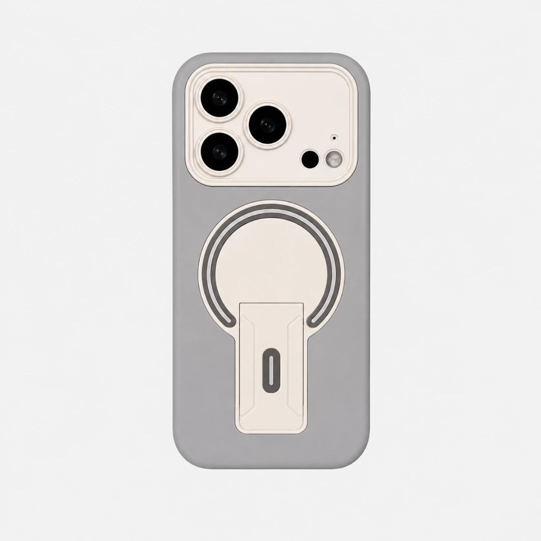 Josh & Tate - TiltPod™ iPhone Case - A gray phone case with a cream-colored MagSafe ring and a vertical stand design, shown on a light gray background.